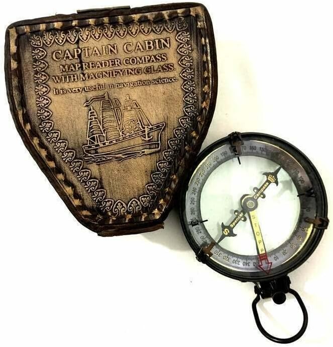 Náutico Antique Brass Marine Mapa Reader Compass com caixa de couro feita à mão