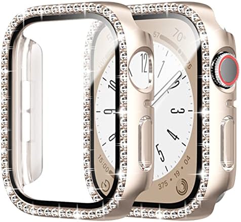 Caixa de bling de 2 pacote Cuteey 2 com protetor de tela de vidro temperado para a Apple Watch Series 8 & Series 7 41mm, tudo redondo Proteção Full Hard PC Tampa para o para -swatch 8 7 Acessórios, Starlight