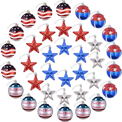 Illumi36pcs 4 de julho Decoração Ornamentos de bola para árvore, 2,36 polegadas- Decorações de árvores de Natal patrióticas, estrela patriótica para o Dia da Independência, Festa com tema dos EUA Decoração ao ar livre de Natal