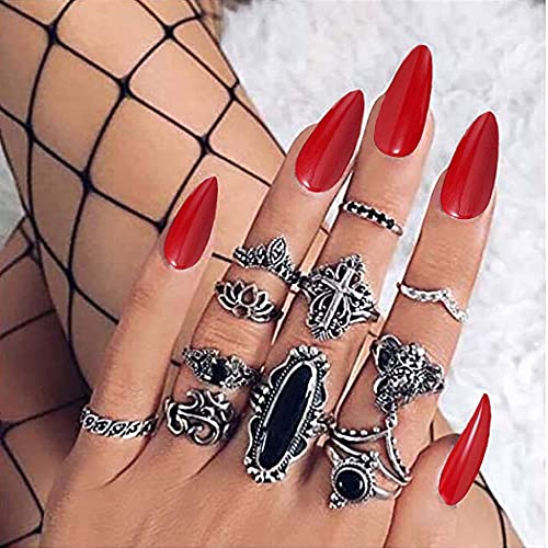 Ursumy Red Stiletto Pressione Nails Comprimento médio unhas falsas unhas falsas dicas artificiais unhas manicure