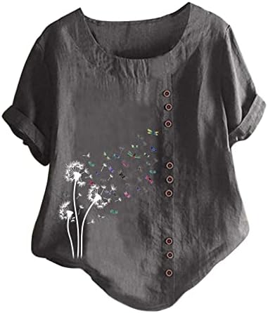 Crewneck de linho de manga curta Botão gráfico do pescoço para baixo para cima camisa de blusa de brunch para feminino Camiseta