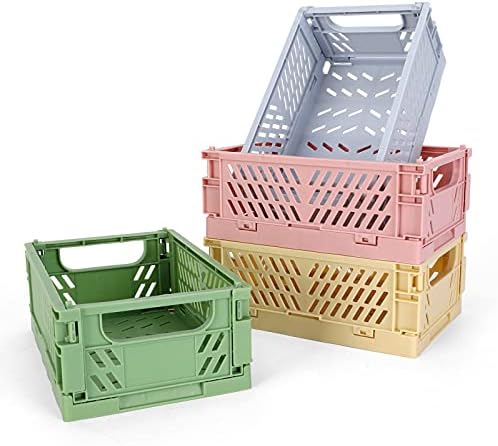 Mini cestas de plástico de 4 pacotes para organização de armazenamento de prateleiras, caixa de armazenamento dobrável durável e confiável, ideal para a sala de aula de cozinha em casa e organização de escritório, armazenamento do banheiro