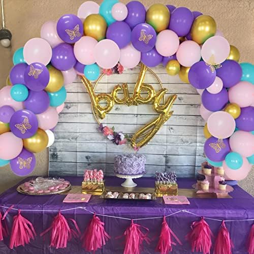 Decorações de chá de bebê de borboleta para menina - kit de guirlanda de balão rosa e dourado roxo inclui adesivos de parede de borboleta 3D de 12pcs, decorações de borboleta floral para chuveiro de noiva, festa de casamento
