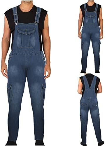 Jeans masculinos Casual Trendy Soid Color Bolso de bolso lavado Suspender de calça longa Calças de carga