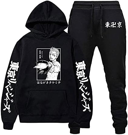Yeou unissex anime imprimindo capuz hip hop calça de moletom de calça calças suéter esportivo de moletom de duas peças