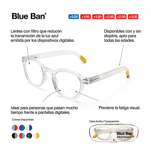B + D Reading Glasses - Brand Blue Ban Readers - Material Frame and Temple: PC - Templos com Flex - Lentes de Filtro de Luz Azul - Cor preta - +1,50