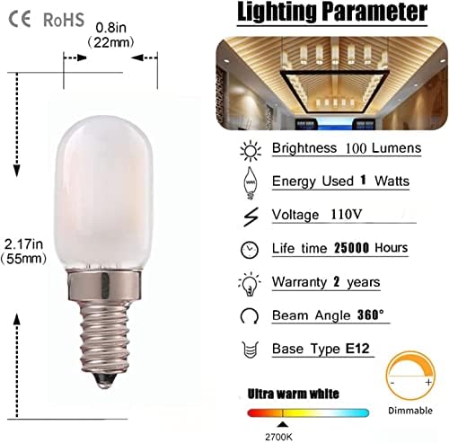 E12 lâmpada de geladeira LED T22 Mini lâmpada fosca 1W lâmpadas noturnas lâmpadas 100lm lâmpada de lâmpada de luz 2700k Luz branca quente 110V CRI> 80 para geladeira, alcance do alcance, pacote diminuído de 10