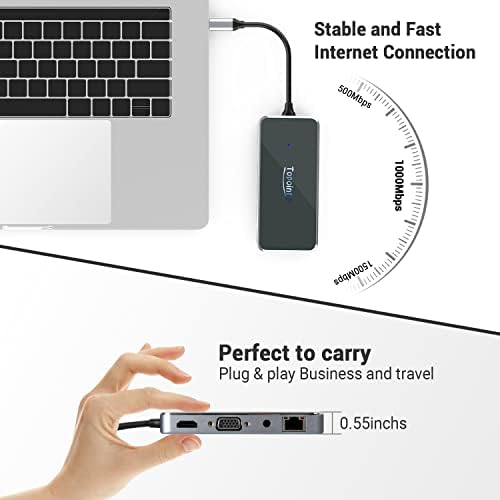 TOPONT USB C PARTÃO DE DOCKING 10 EM 1, Hub USB C com carregamento de 100W PD, porta 4K HDMI, VGA, 3 portas USB 3.0, porta de áudio de 3,5 mm, porta Ethernet de 1000mbps, microSD e SD Card Reader, para MacBook Pro e mais