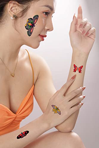 Grandes tatuagens temporárias de borboleta para mulheres Tatuagens falsas Presente Butterfly Design Beautiful Self adesive Butterfly Stick no adesivo 5 folhas de 53 peças presentes de aniversário
