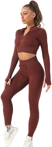 Yoeasy mulheres de manga comprida tampos de colheita com zíper texturizados e altas cintura ioga leggings conjuntos de treino