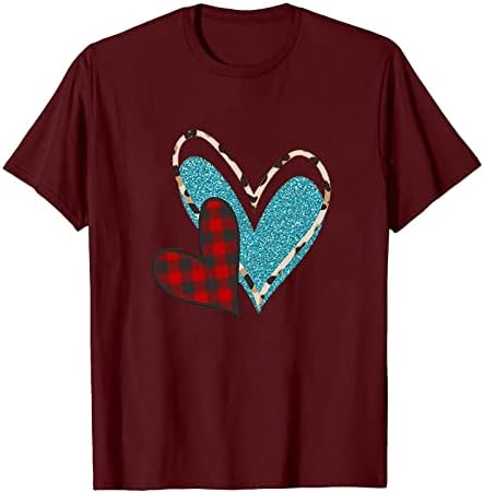 T-shirt do dia dos namorados Two Heart Plaid Printing Tee Tops para homens Homens de mangas curtas Blusa de camiseta redonda do pescoço