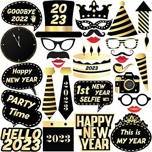 Feliz Ano Novo Decorações 2023 - Pacote de 34 | Ano Novo Photo Booth Props 2023 | Glitter Feliz Ano Novo Banner | Ano Novo Véspera