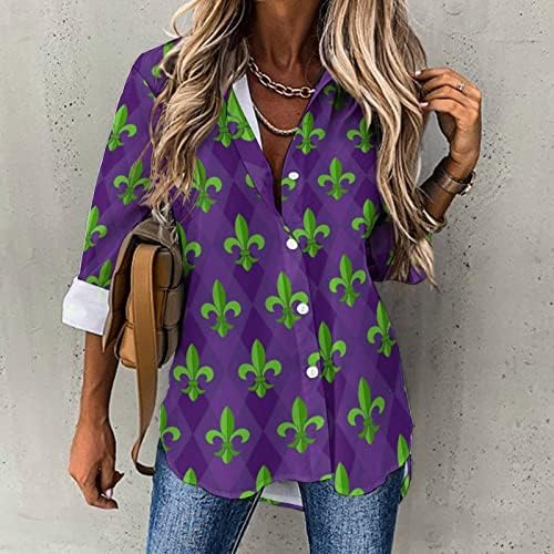 Fleur-de-Lis Pattern Womens Funny Print Button Down Down Down Diretas de manga comprida blusas soltas tops