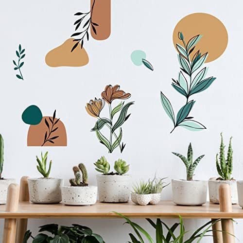 Yovkky plantas simples decalques de parede adesivos, boho bohemian Sun minimalista estética abstrata do sol decoração de quarto de casa, esboço da sala de estar do nascer do sol botânico decorações de cozinha moderna arte moderna
