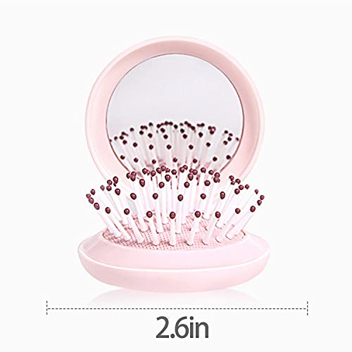 2 Mini escova de cabelo dobrável de embalagem com espelho para mulheres e meninas, pente de cabelo pentear emaranhados redondos e molhados com facilidade para todos os tipos de cabelo