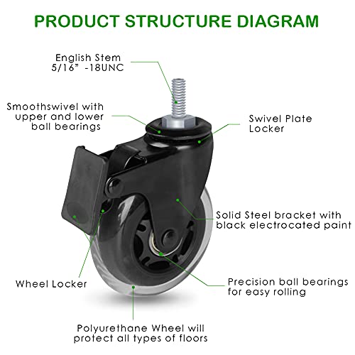 Hirate 5 pacote 3 Caster com freio, fortaleza pesada 5/16 ''-18nc, lançador de bloqueio seguro de bloqueio para cadeiras para cadeiras de escritório móveis