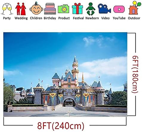 Castelo da Disney Blue Sky Birthday Kids Birthday Baby Shower Cartoon Background, cenário fotográfico de poliéster lavável de 6x8 pés, crianças fotográficas infantis adereços SSA057, Castelo Azul