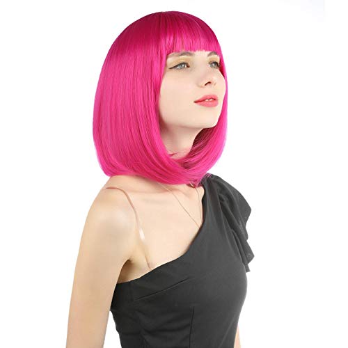 Enilecor Short Bob Hair Wigs 12 reto com franja plana rosa quente e marrom escuro