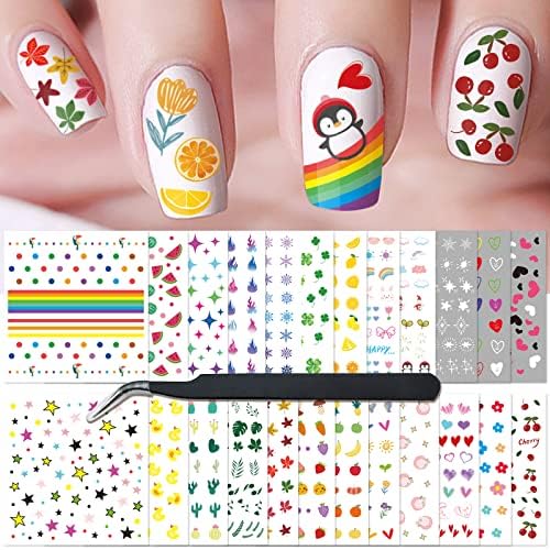 24 lençóis adesivos de arte de unha, adesivos de unhas para mulheres meninas, fofo coração de flor arco-íris adesivos de unhas
