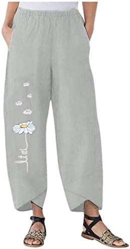 Calça de linho de algodão Capri Pants Womens Summer Casual Capri Pants com bolsos Alta cintura calça de praia Floral