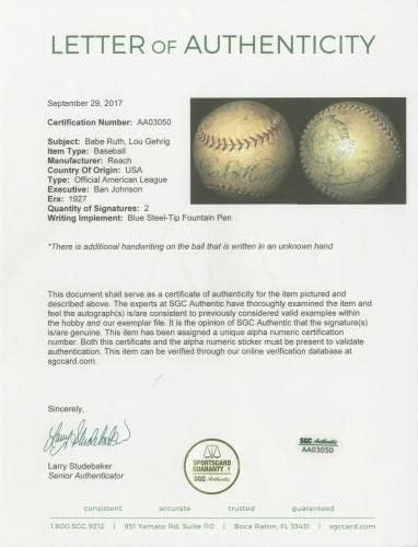 Babe impressionante Ruth e Lou Gehrig 1927 assinou a Liga Americana de beisebol PSA DNA CoA - Bolalls autografados