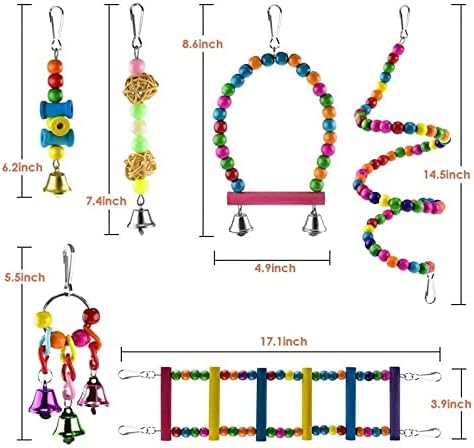 Mmawn 12pcs/conjunto de brinquedos de gaiola de pássaro para papagaios confiáveis ​​e mastigáveis ​​- balanço pendurado em mastir bite ponte de madeira bola bola brinquedos de sino