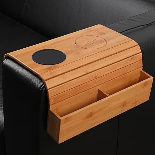 [Coleção PJ] bandeja de apoio de sofá de bambu com carregamento sem fio e montanha-russa não deslizante, dobrável, carregador sem