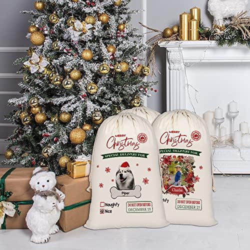 Labradoodle Papai Noel Sacks Palavras de Natal personalizadas com tecido de natal com cordão de saco de armazenamento de natal para