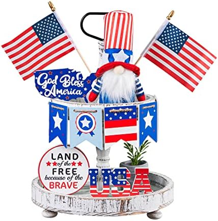4 de julho Decorações Decoração de bandeja em camadas, decorações patrióticas Sinal de madeira em 3D Decorações de julho para a American