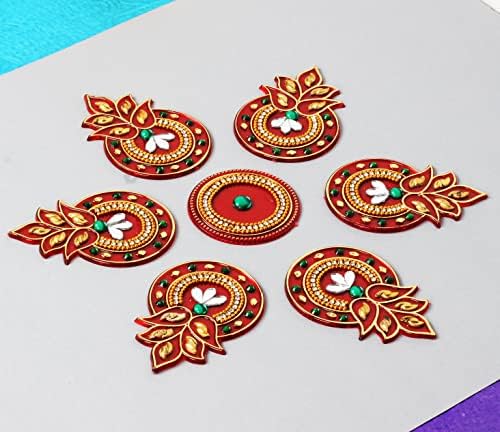 Trendbell Red Round Tree Design acrílico Diwali Rangoli adesivos para os adesivos de rangoli da sala de pooja para diwali rangoli | Decoração de rangoli para acrílico em casa adesivo de piso rangoli para navratri diwali 7 x 7 polegadas