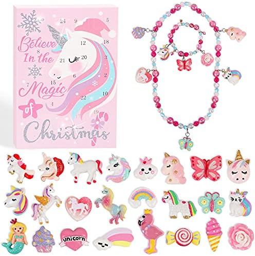 Jóias Pink Jewels Calendário do Advento de Natal 2022 Para Girl, Calendário de Advento de Unicorn Heflashor para Jóias,