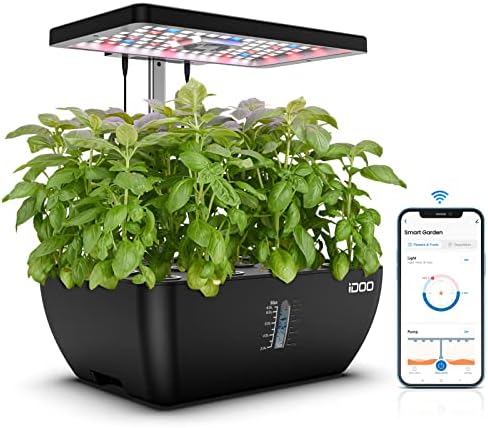IDOO Wi -Fi 12 Pods Sistema de cultivo hidropônico com tanque de água de 6,5l, jardim de ervas interiores hidrelas inteligentes de até 14,5 , Kit de germinação de plantas com sistema de bomba, ventilador, cultivo para jardinagem de cozinha em casa, preto