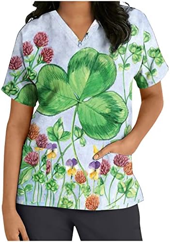 Uniforme de trabalho do dia de São Patrício feminino com bolsos de shamrock impressão em videira v-shirt shirt shirt tops tops