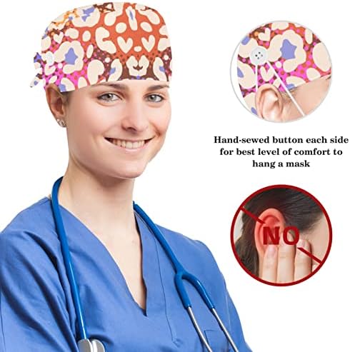 Chapéus cirúrgicos e conjunto de scrunchie de coelho, listras de leopardo coloridas tampas de esfoliação ajustável com botão para mulheres médicas