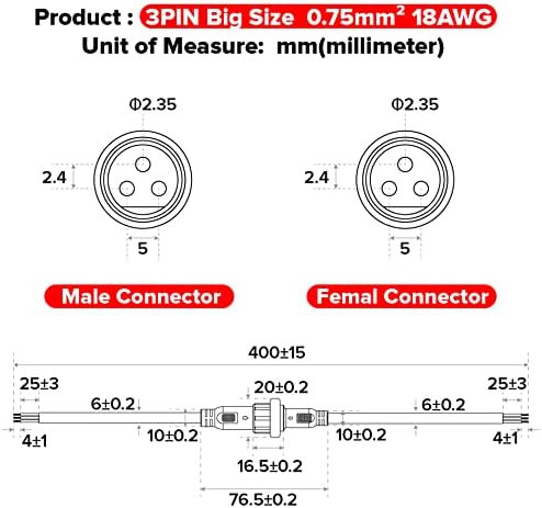 BTF Lighting de 3 pinos Connector elétrico 18AWG IP65 Conector feminino macho 7.87in/20cm Cabo de extensão para carro, caminhão, barco, luzes de tira LED internas/externas/barbante 22mm tamanho grande 5 pares 5 pares