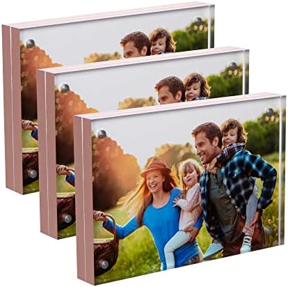 Quadro de foto de acrílico magnético simbalux 4x6 polegadas, vidro transparente, como com acabamento em borda de ouro rosa, tela flutuante de desktop sem moldura, de dupla face, em pé livre, fácil de alterar