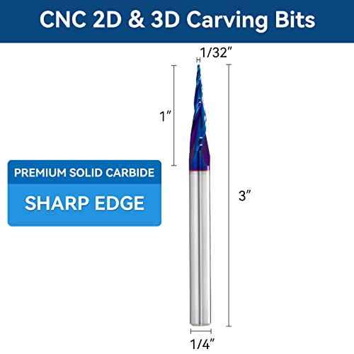 Yokishun CNC Bits de roteador em espiral M-monte 2d e 3d bits de escultura, 6,2 graus de ângulo de ângulo de ângulo R0.4, 1/4 Shank 3 OVL para escultura de madeira Perfil de detalhe de gravação