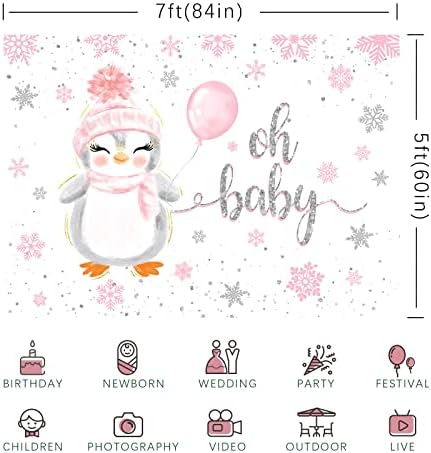 Rsuuuinui Winter Pink Penguin Penário de chá de bebê OH Baby Snowflake Star