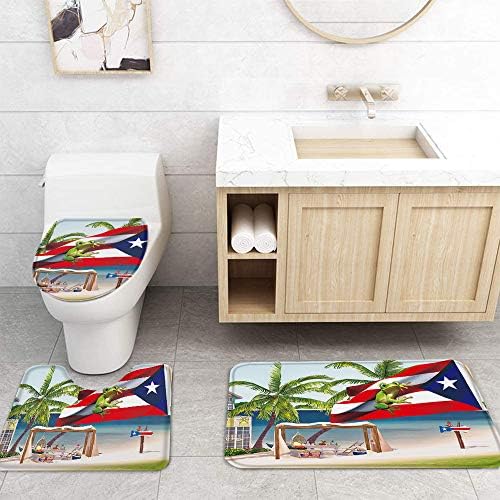 Decoração de beleza de 4 peças Curina de chuveiro Palmeiras de verão Puerto Rico Bandeira com banheira de sapo Tapete durável Curma
