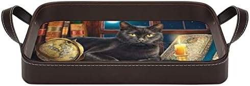 Bandeja de couro de gato preto bandeja de servir com alças bandeja decorativa para sala de estar de cozinha em casa
