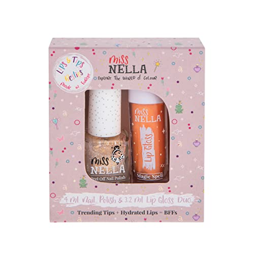 Miss Nella Magic Spell Spell Lips & Tips Duo- Lip Swebent Lip Gloss + Glitter Unha para crianças com peel-off, água à
