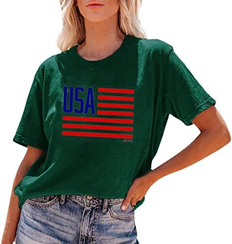 Camisetas de manga comprida de algodão para mulheres do Dia da Independência das Mulheres Imprimir Manga curta Camista dos EUA