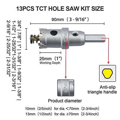 13pcs Hole da liga serra TCT para serviço pesado 3/4 ~ 2-31/32 Broca de broca de orifício de metal para aço inoxidável