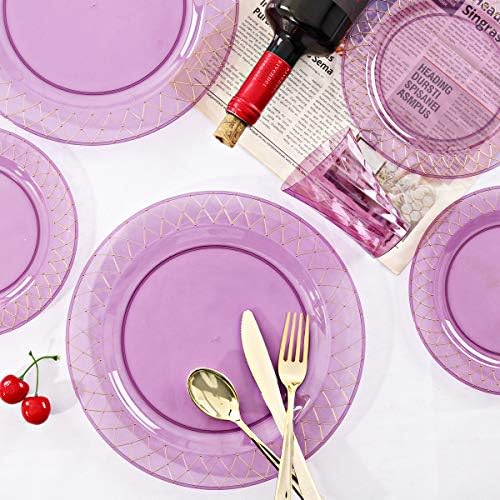 Bucla 20 Placas de plástico roxo convidado com talheres e xícaras descartáveis ​​- utensílios de mesa de plástico roxo incluem