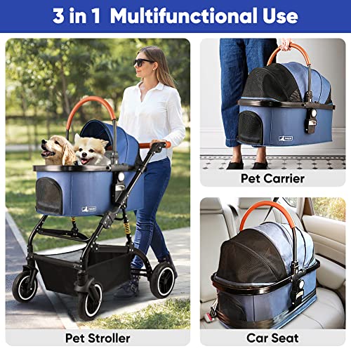 Petbobi 2 carrinhos de estimação, 3 em 1 em 1 carrinho de cachorro com transportadora destacável ou assento de carro Fácil dobra