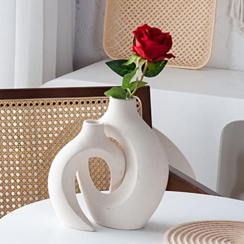 Vaso de cerâmica oca branca de Levvohd Conjunto de 2, vaso redondo moderno para decoração de estilo minimalista nórdico, vasos estéticos de donut boho para a moderna sala de entrada da sala de entrada da sala de estar em casa decorativa decorativa