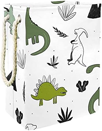 Lavanderia de dinossauro branco desenhado à mão cesto com alças grandes cestas dobráveis ​​para lixeira, quarto de crianças, organizador de casa, armazenamento de pano, 19.3x11.8x15.9