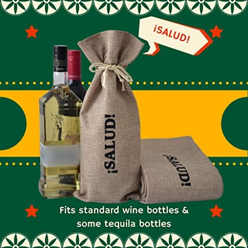 ¡Salud! Bolsa de vinho de seca - 12 sacolas de garrafa de vinho de juta com cordão. Diga felicidades! Em espanhol - suprimentos para o casamento, favores de festa, Natal, férias e degustação de vinhos