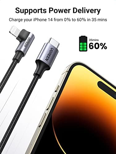 Cabo Lightning de Certificação MFI UGREEN - 90 graus USB C To Lightning Cabo de 6 pés compatível com iPhone 14/14 Pro/14 Pro Max, iPhone 13/12/11/x/xr/xs/8 Série, iPad, AirPods Pro