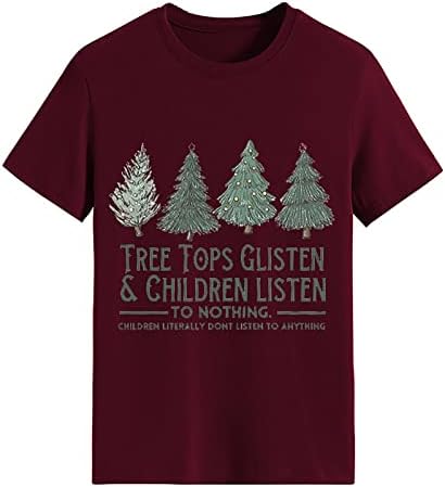 Camiseta de natal para mulheres manga curta Camiseta de pescoço blusa engraçada Árvore de Natal e letra